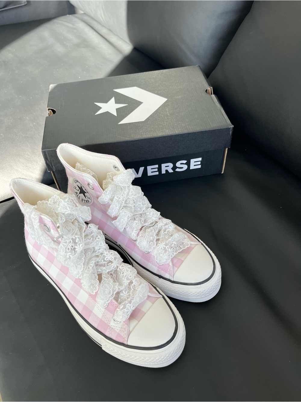 Converse High Top Sneakers Pink and White Gingham Women’s Size US 8 - Picture 7 of 10
